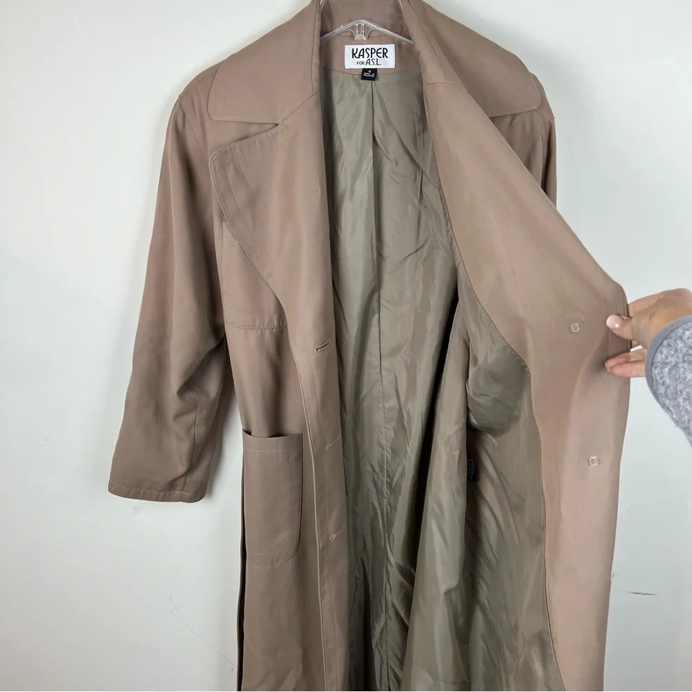 Vintage Khaki Trench Coat 4 Oversized Long Belted Pocket Preppy Old Money Career - Picture 10 of 11